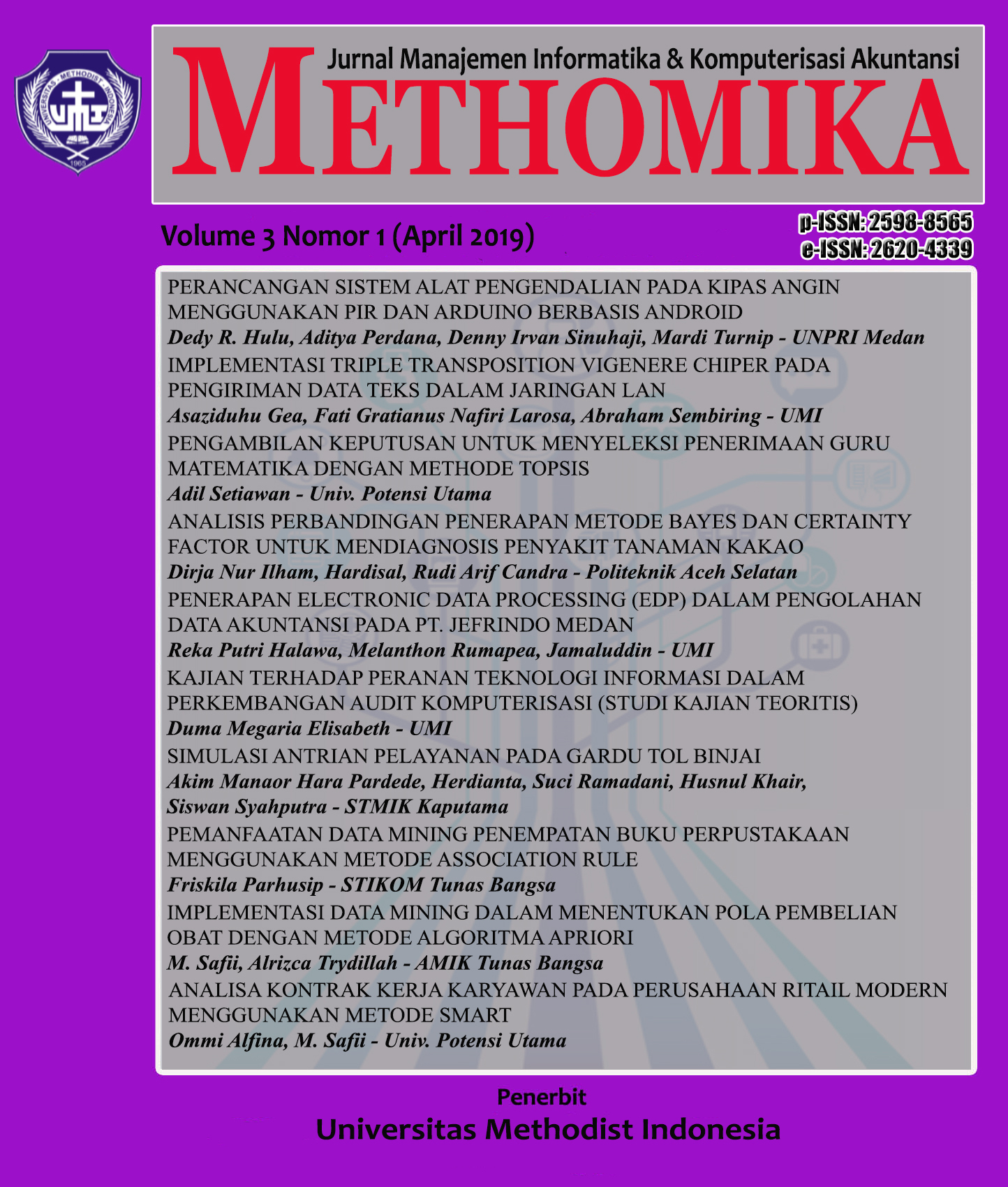 					View Vol. 3 No. 1 (2019): METHOMIKA: Jurnal Manajemen Informatika & Komputersisasi Akuntansi
				